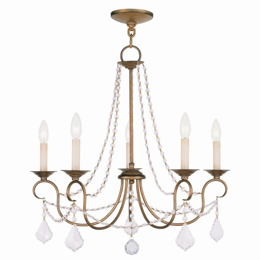 Candle * | Best Deal Livex Lighting Crystal Livex Pennington 6515-48 5-Light Chandelier In Antique Gold Leaf